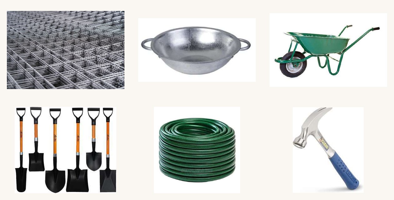 Construction site accessories including mesh wire, head pan, wheel barrow, shovels, water hose and hammer